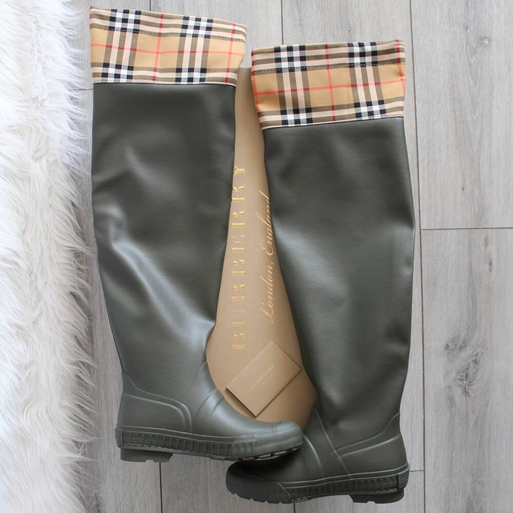 Burberry Nova Check Olive Green Rain Boots Tall Knee High Over The Knee Wellies